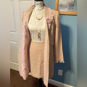 Newport News Pink Plaid Boucle Women's Long Blazer and Skirt Set